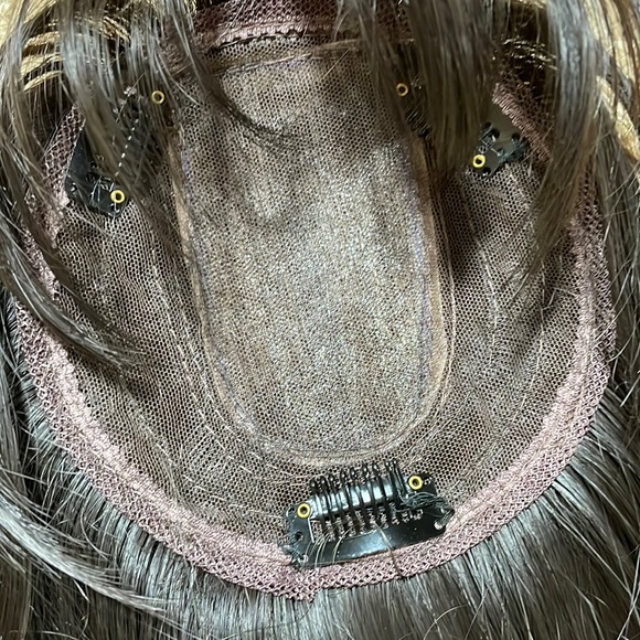 NWT 16-17”natural black brown hint straight blended human mix topper round bangs - Picture 7 of 16